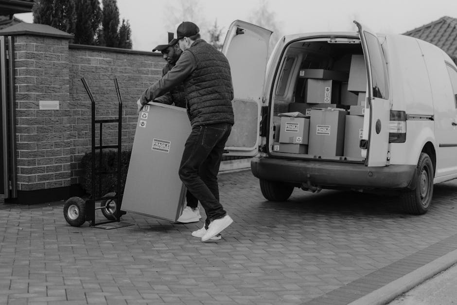 A young man with a beard, wearing a red baseball cap backwards, a beige and brown jacket over a checked shirt, sitting on the lower edge of an open van’s cargo area during a home relocation. Surrounding him are several large cardboard boxes, some partially wrapped in plastic or packing materials, ready for transportation. The background shows the dark interior of the van, indicating it is part of a furniture transport or packing and moving process as part of house removals by Man and a Van Kingston. The scene captures a moment of preparation in the loading process, with the man appearing calm and attentive, indicating careful handling of household items for a move to Canbury Gardens, Kingston.